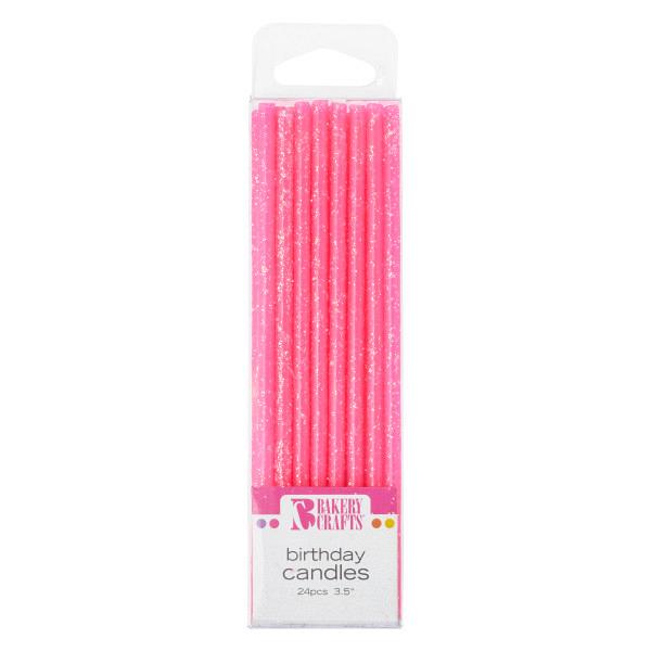 Slim Glitter Pink Candles 24 pcs 3.5" by Bakery Crafts 600